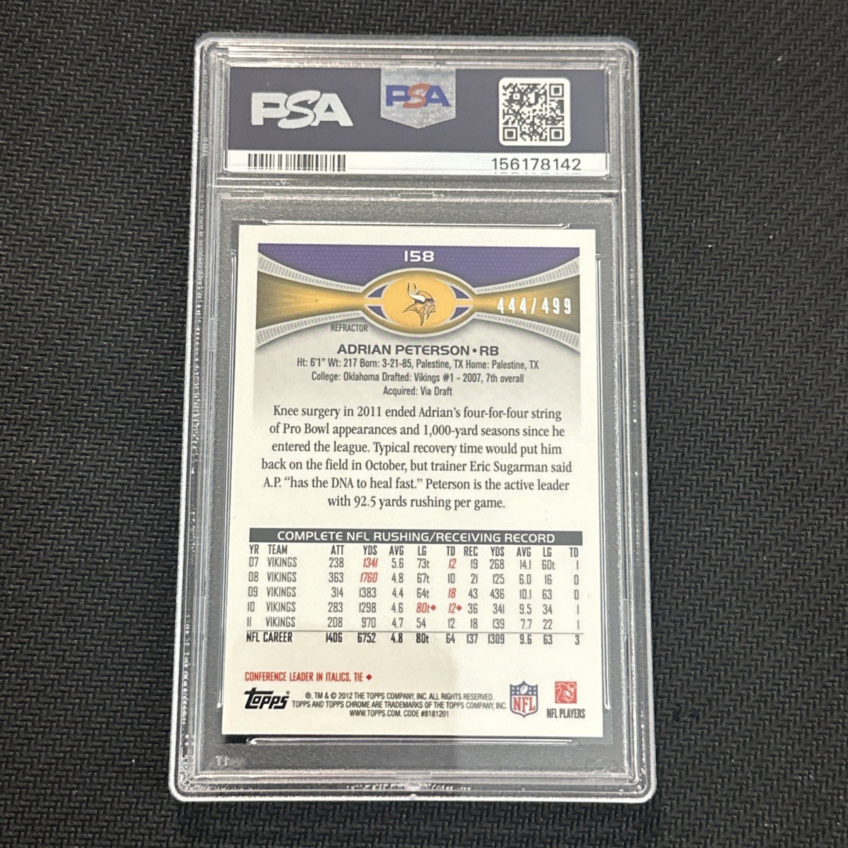 2012 Topps Chrome #158 Adrian Peterson /499 Camo Refractor Vikings PSA 10 Gem