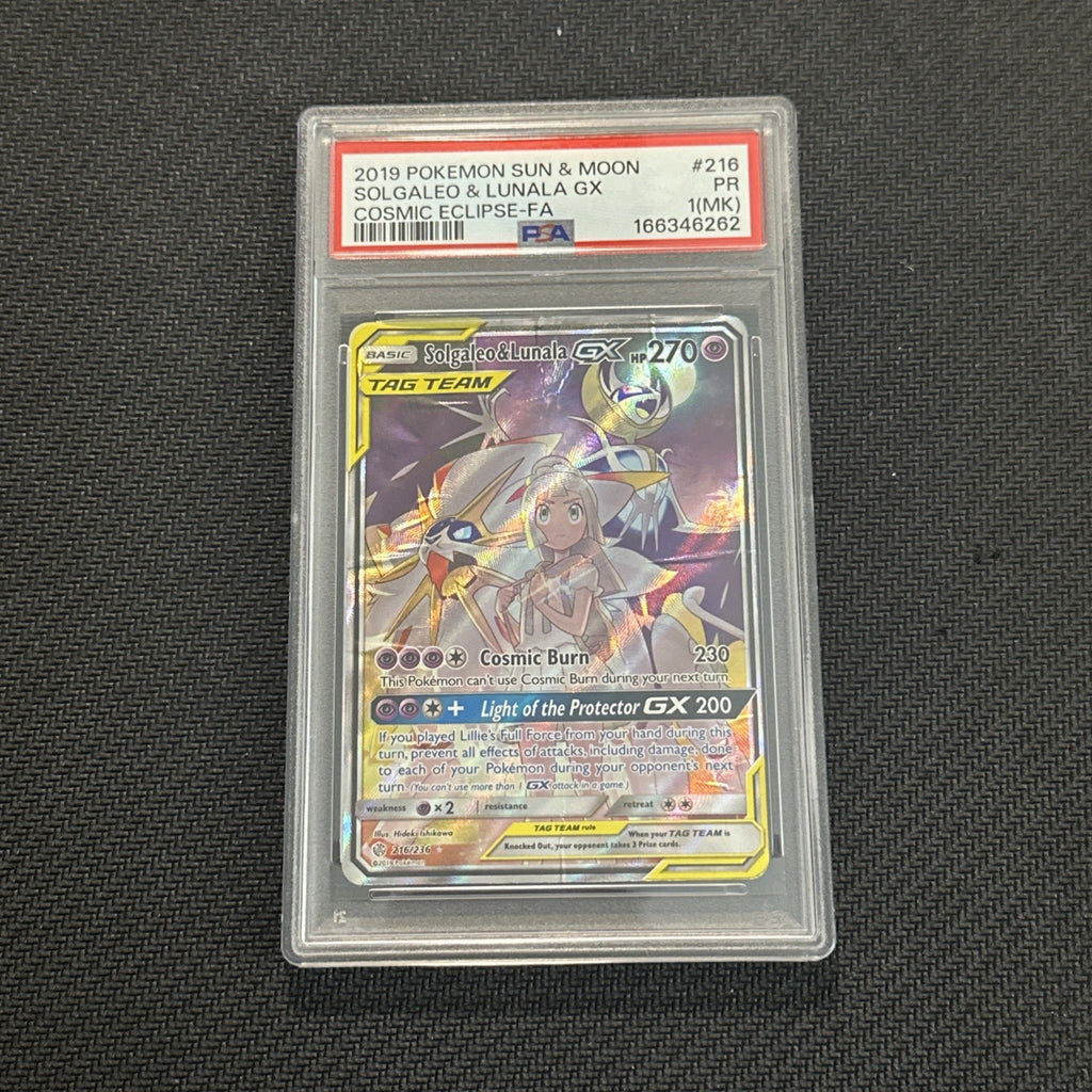 Solgaleo & Lunala GX 216/236 SM-Cosmic Eclipse TAG TEAM Full Art Holo PSA 1 (MK)