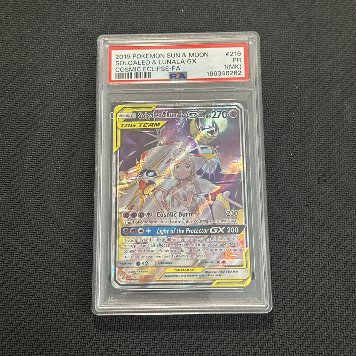 Solgaleo & Lunala GX 216/236 SM-Cosmic Eclipse TAG TEAM Full Art Holo PSA 1 (MK)