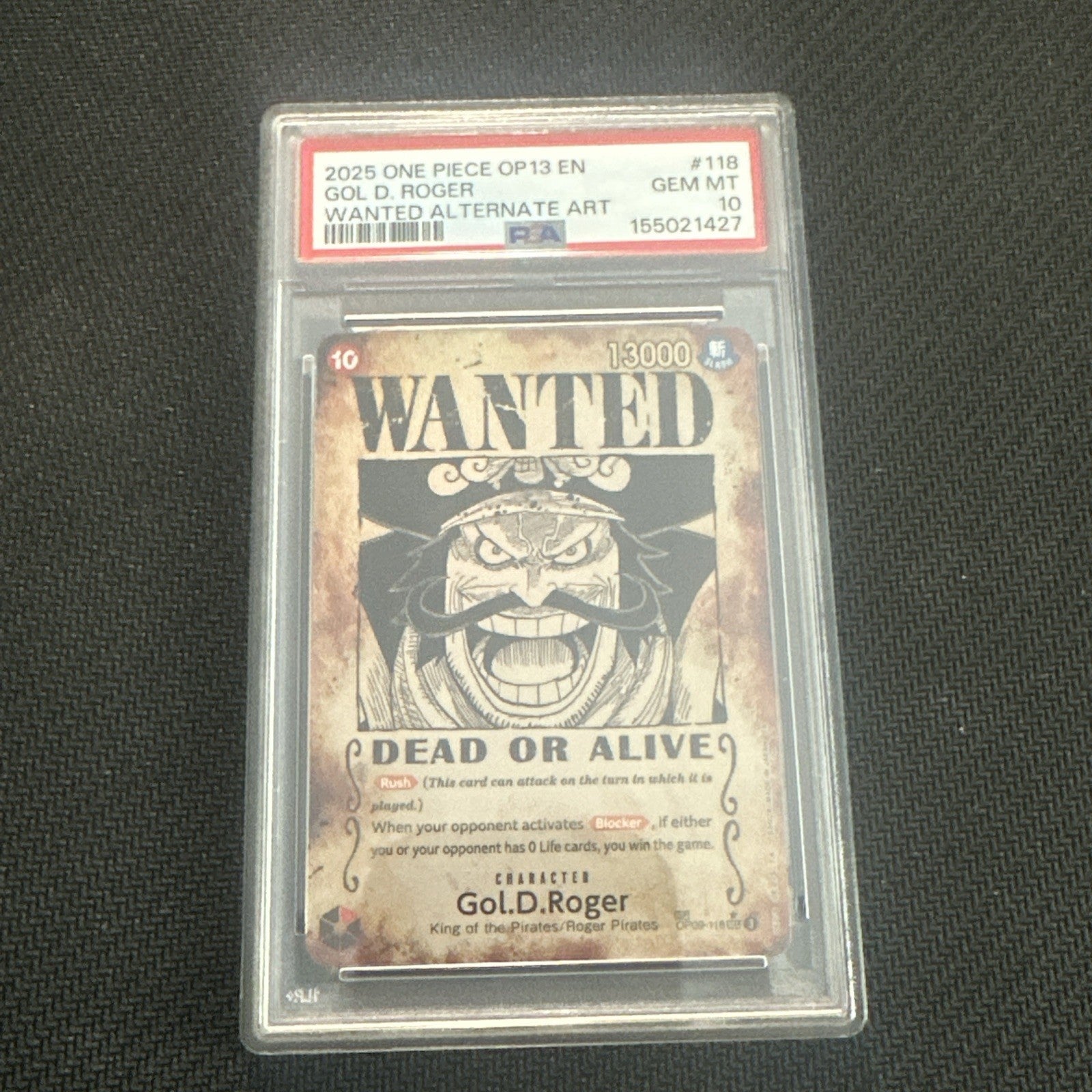 2025 One Piece OP13 EN #118 Gol.D.Roger Wanted Poster ALT ART PSA 10 GEM MINT