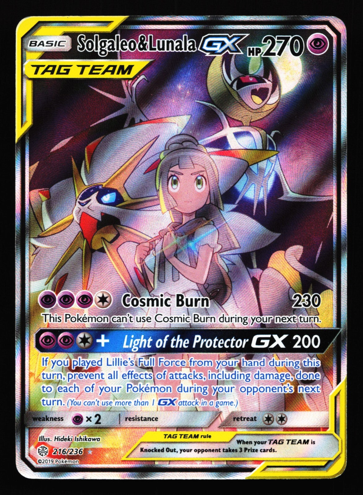 Solgaleo & Lunala GX 216/236 SM-Cosmic Eclipse TAG TEAM Full Art Holo PSA 1 (MK)